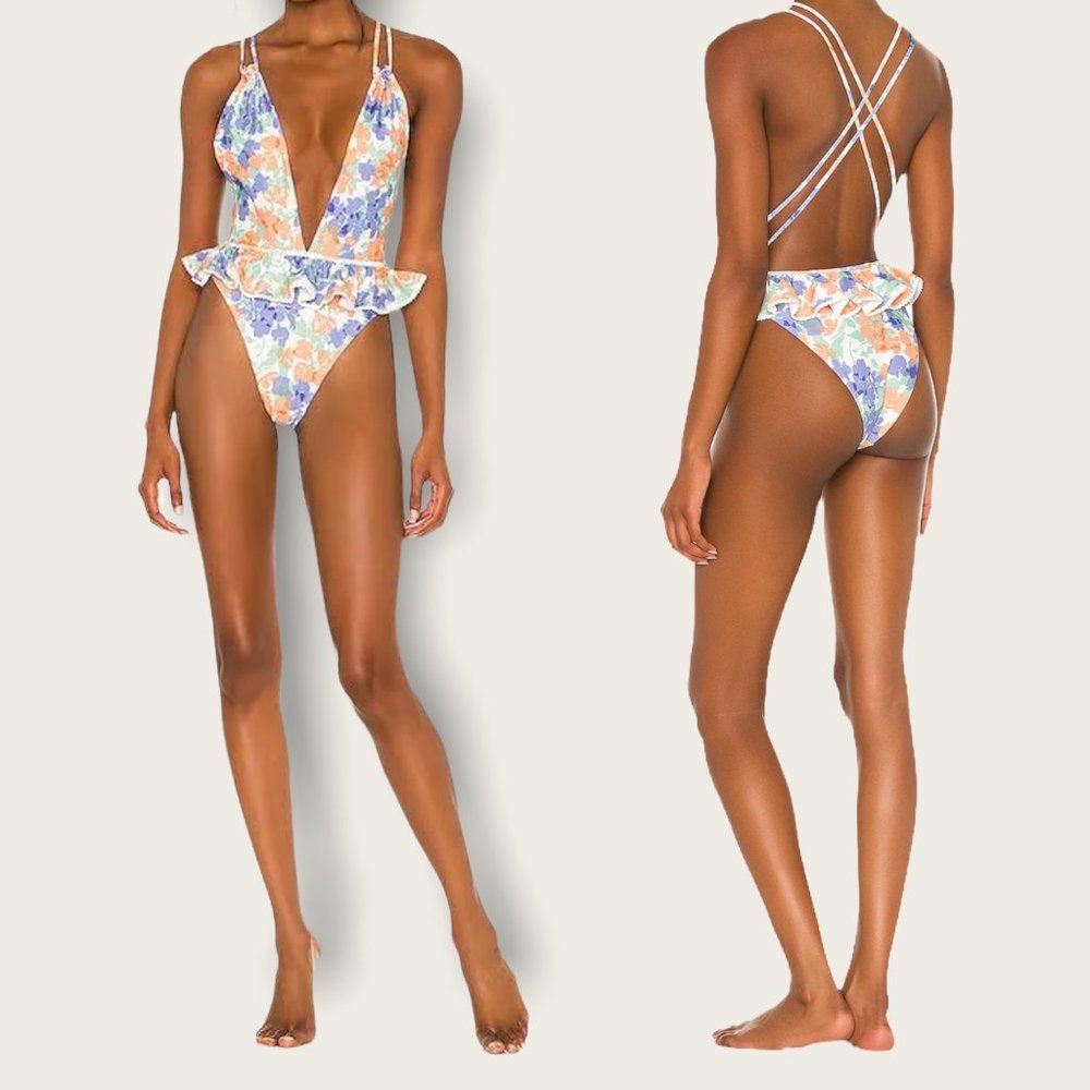 COPY - TULAROSA Revolve  ‘Luz’ Periwinkle Floral Ruffle Criss Cross One Piece S…